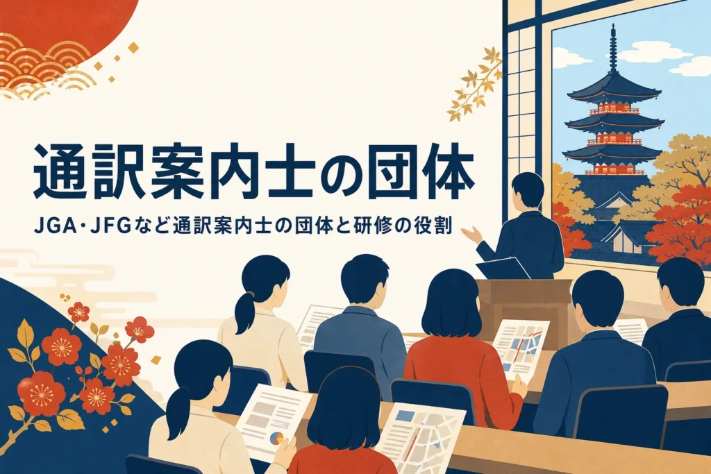通訳案内士の団体と研修の役割を表したアイキャッチ