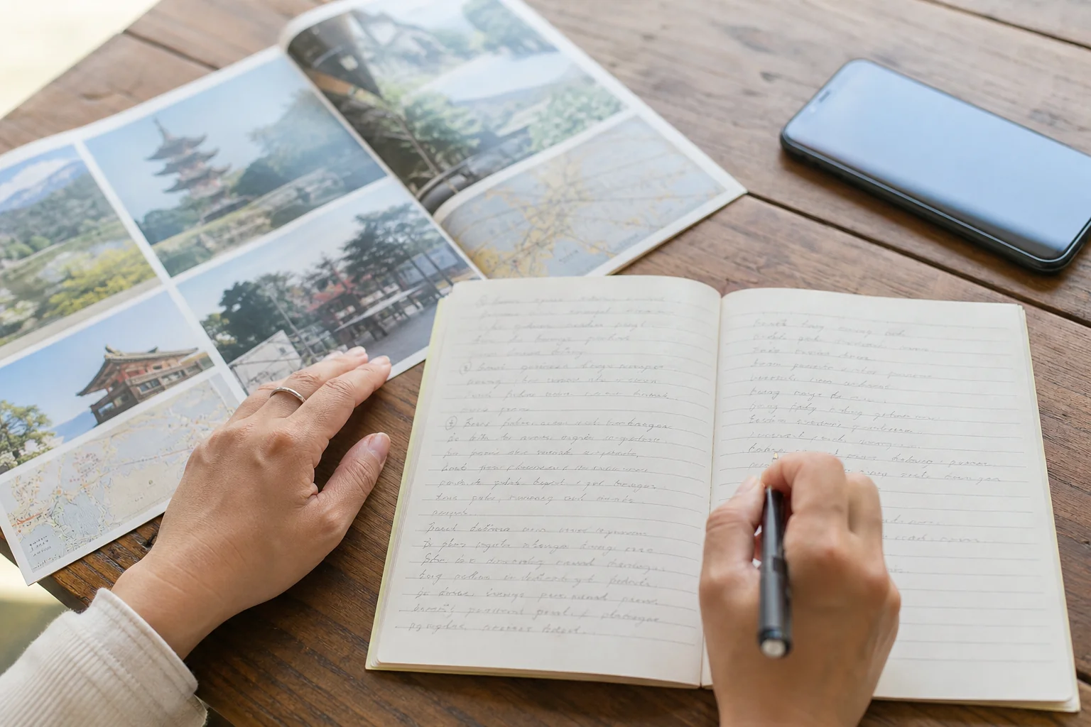 英語の筆記と口述に向けて勉強する机のノートと観光パンフレットの写真