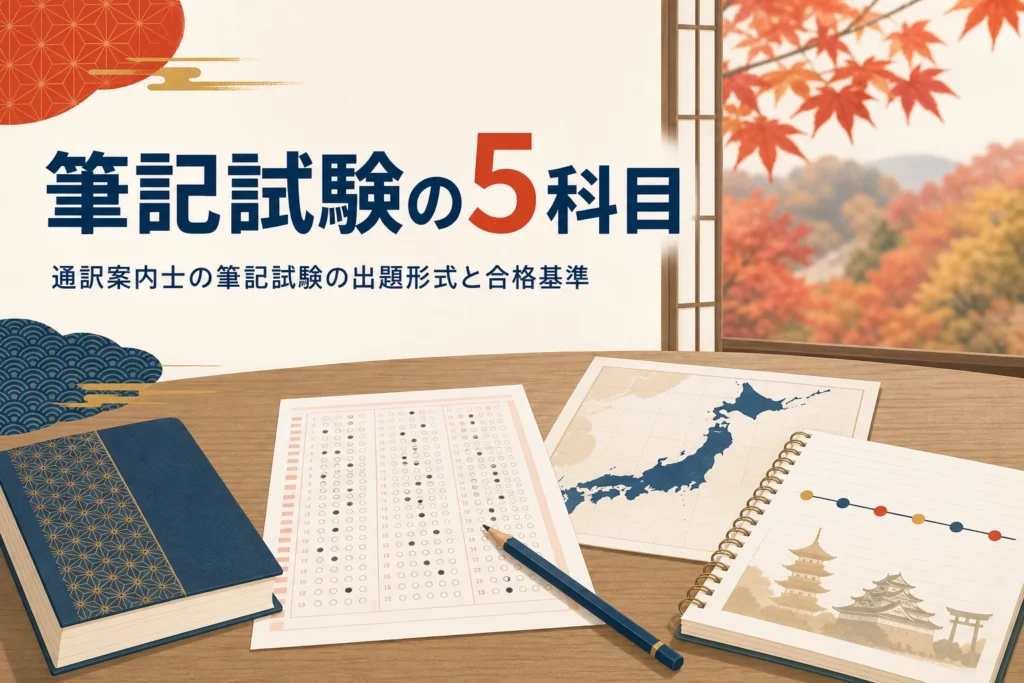 通訳案内士の筆記試験5科目の出題形式と合格基準を紹介する記事のアイキャッチ