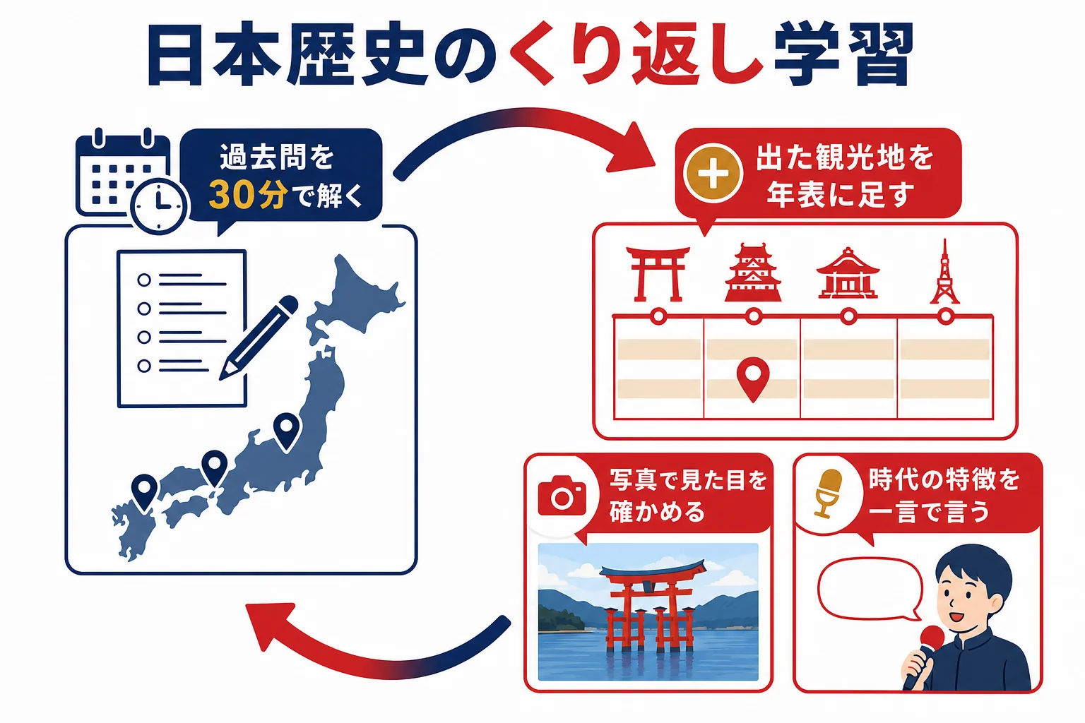 日本歴史を過去問と逆引き年表でくり返し覚える流れを示した図解