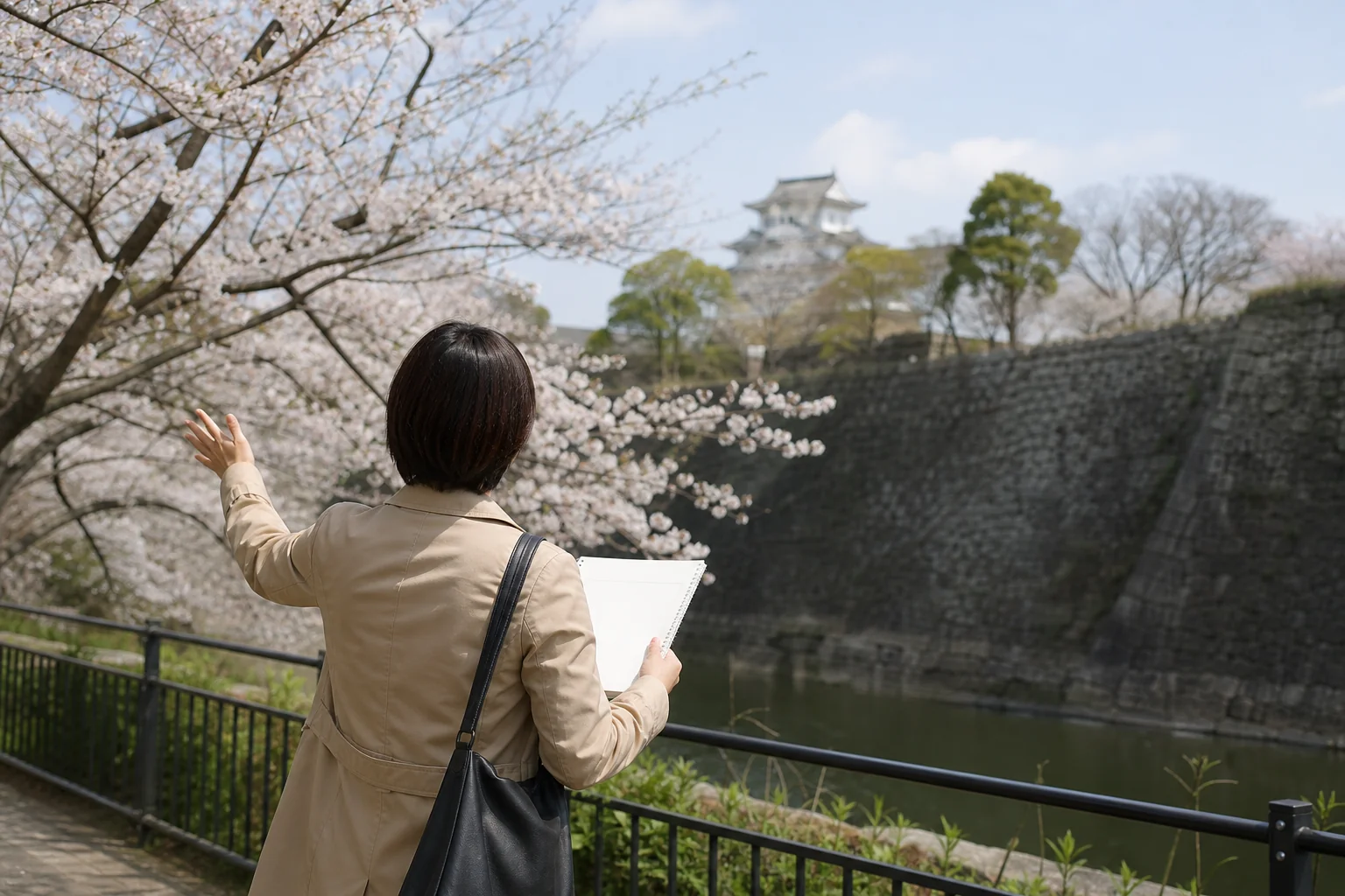 口述試験のプレゼンテーションに向けて観光地で説明の練習をするイメージ写真