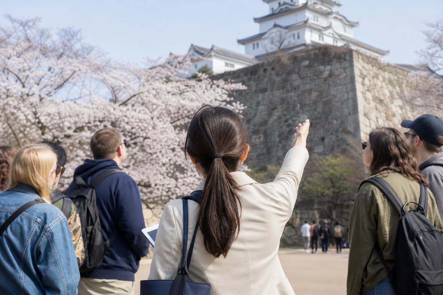 観光地で外国人旅行者に説明するガイドの後ろ姿の写真