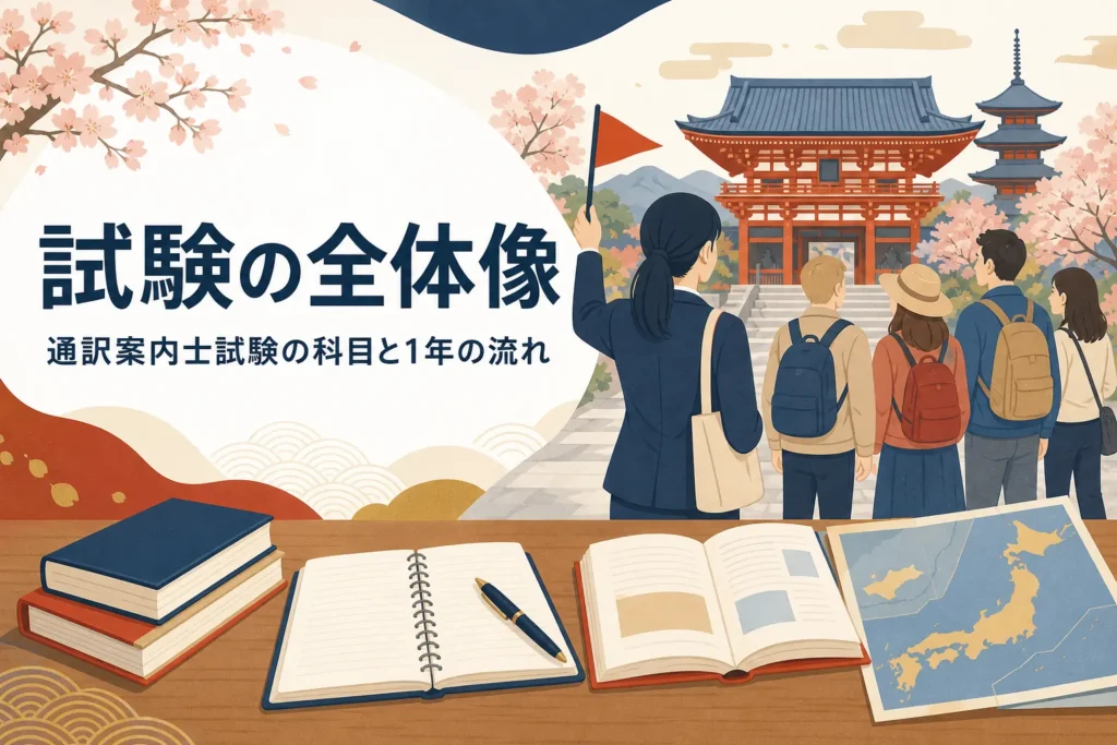 通訳案内士試験の科目と1年の流れを紹介する記事のアイキャッチ